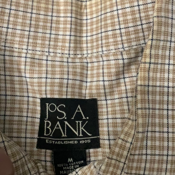 Jos. A. Bank Mens Plaid Checked Dress Shirt Medium Tan Blue White - Picture 3 of 5